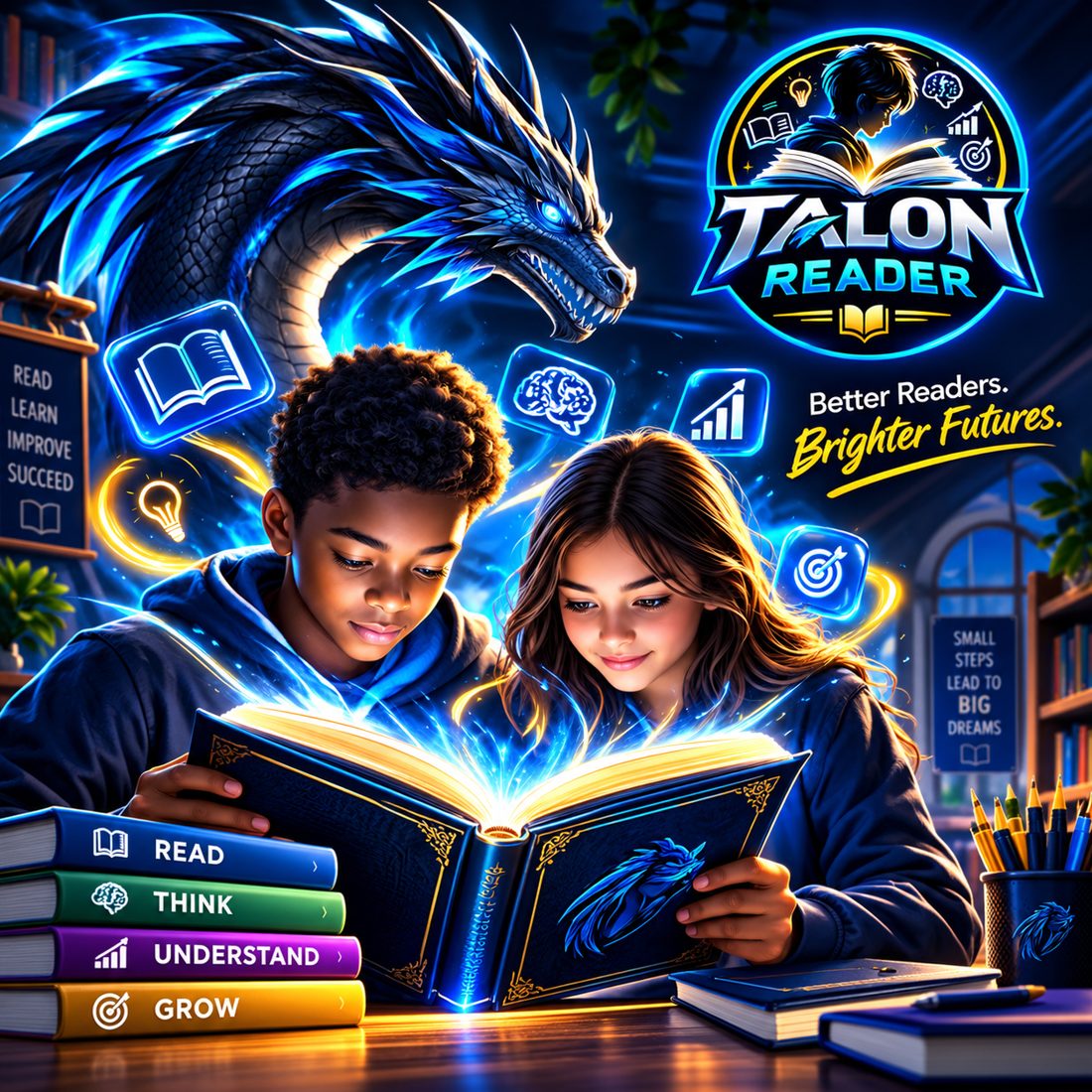 Two learners reading a glowing book, with a blue dragon behind them and the Talon Reader logo